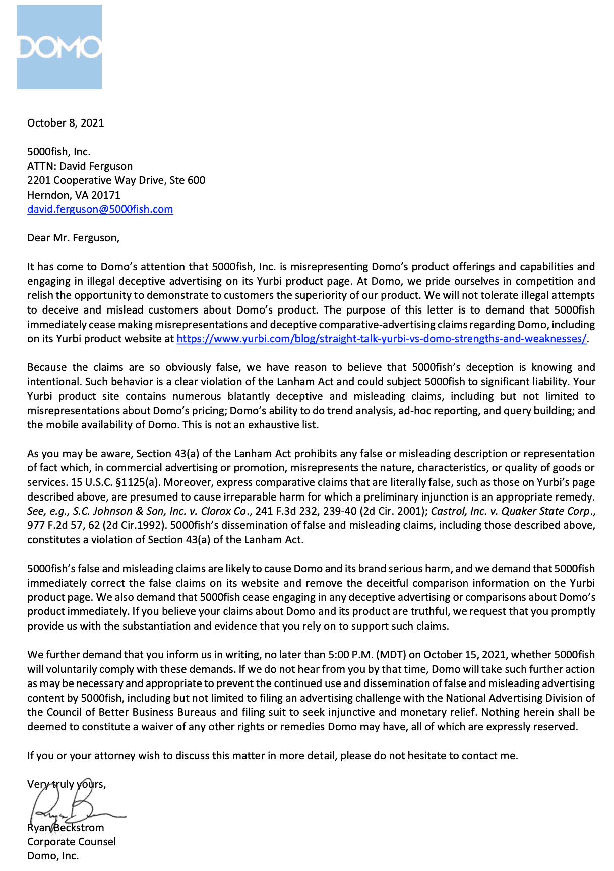 Domo Cease and Desist Letter sent to 5000fish